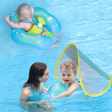 Free Swimming Baby Inflatable Baby Float with Sun Canopy Size Improved Infant Pool Floaties Swimming Pool Toys for The Age of 3-36 Months (Blue, Large) - Image 1