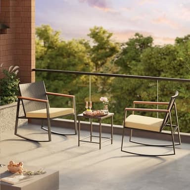 Gizoon 3 Pieces Rocking Patio Bistro Set with Anti-Scald Armrest, Outdoor Patio Wicker Furniture Set with Glass Table and Cushion for Garden, Yard, Porch - Image 9