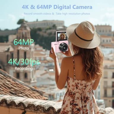 4K Digital Camera for Photography, 64MP Vlogging Camera for YouTube with 3" 180° Flip Screen, 18X Digital Zoom Point and Shoot Camara with 32GB Micro SD Card for Beginner (Pink) - Image 2