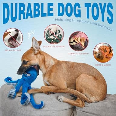 LEGEND SANDY Tough Dog Toys, Stuffed Chew Large Dog Toys to Keep Them Busy, Interactive Squeaky Tug of War Doggie Toy, Crinkle Blue Octopus - Image 4