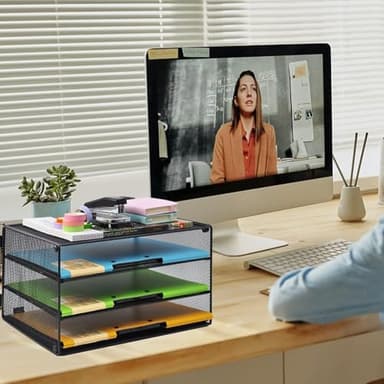 COSYAWN 3 Tier Mesh Desk Paper Tray Organizer, File Organization for Letter Document, Desktop Mail Storage Holder for Office Home School, Black, 2 Pack - Image 7