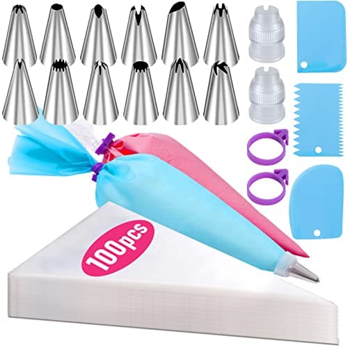 Piping Bags and Tips Set, 100Pcs 12 Inch Pastry Bags, Icing Bags Disposable for Cakes Decorating Kit Supplies with 1 Reusable Piping Bags, 1 Couplers, 12 Frosting Tips, 2 Bag Ties, 3 Cake Scraper - Image 1