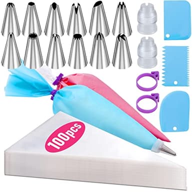 Piping Bags and Tips Set, 100Pcs 12 Inch Pastry Bags, Icing Bags Disposable for Cakes Decorating Kit Supplies with 1 Reusable Piping Bags, 1 Couplers, 12 Frosting Tips, 2 Bag Ties, 3 Cake Scraper - Image 1