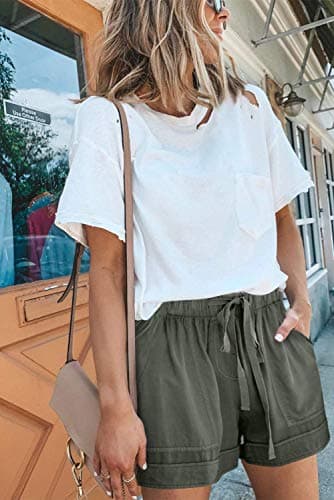 KISSMODA Womens Casual Plain Shorts Elastic Drawstring Pockets Summer Lounge Linen Short Green - Image 4
