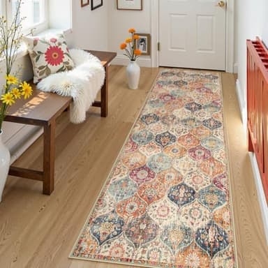 Lahome Moroccan Hallway Runner Rug, 2'5''x8' Ultra-Thin Washable Runners for Hallways Kitchen, Oriental Laundry Room Rug Non-Slip Vintage Long Carpet for Entryway Bedroom Bathroom, Cream/Multi - Image 1