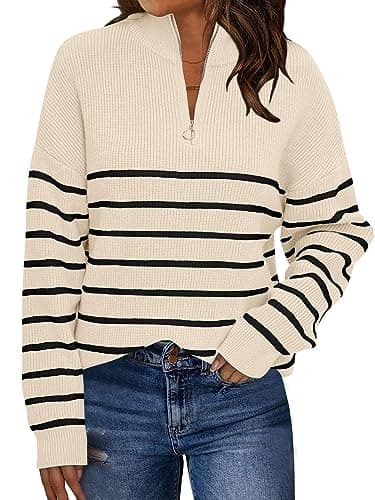 LILLUSORY Women's Quarter Zip Striped Oversized Sweater 2025 Mock Turtleneck Fall Fashion Outfit Apricot-Black S - Image 1