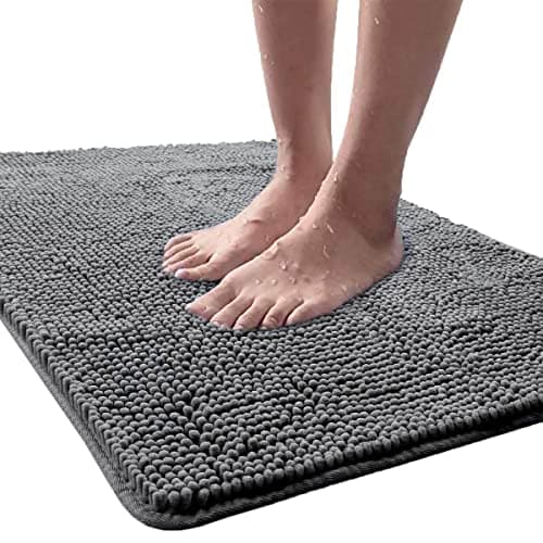 LOCHAS Luxury Bathroom Rug Shaggy Bath Mat 24 x 36 Inch, Washable Non Slip Bath Rugs for Bathroom Shower, Soft Plush Chenille Absorbent Carpets Mats, Gray - Image 1