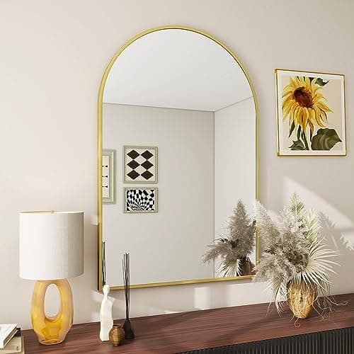 BEAUTYPEAK 20"x30" Arch Bathroom Mirror, Wall Mounted Vanity Metal Frame Mirror for Bedroom, Entryway, Living Room, Gold - Image 1