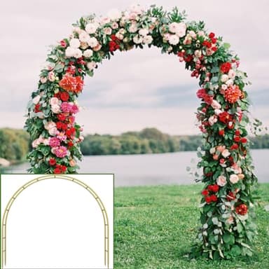 Queension Metal Wedding Arch for Ceremony Party Decoration 7Ft Wide 7.7Ft High,Garden Arch Trellis with Ground Bases for Climbing Plants,Outdoor Garden Arbor for Roses Vines, Round Frame, Gold - Image 1