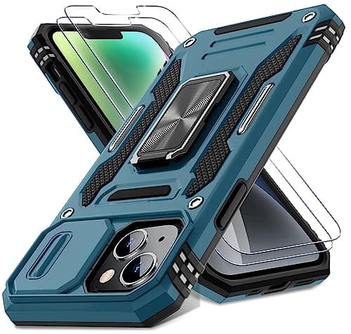 DEERLAMN Case for iPhone 13/iPhone 14 6.1-Inch with Slide Camera Cover+Screen Protector(2 Packs),Rotated Ring Kickstand Military Grade Shockproof Protective Cover-Light Blue - Image 1