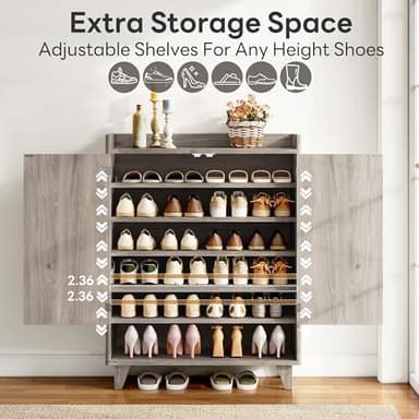 IRONCK Shoe Cabinet, 45.5" Tall Shoe Organizer with Fluted Doors, Shoe Rack Cabinet with 4-Tier Adjustable Shelves, Large Wooden Storage Cabinet for Entryway, Grey Oak - Image 4