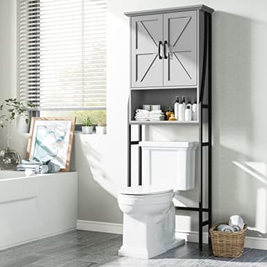 MXARLTR Over The Toilet Storage Cabinet, Over Toilet Bathroom Organizer with Barn Doors Above Toilet Storage Cabinet Spacesaver Rack Behind Toilet Bathroom Organizer (Gray) - Image 6