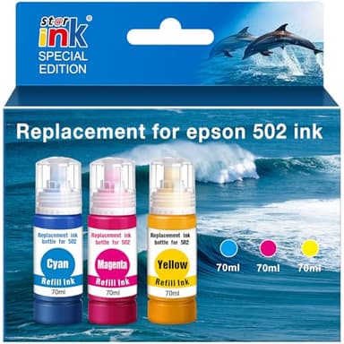Replacement for 502 Ink Bottle Color Combo Pack Replacement for Epson 502 Compatible for EcoTank ET-2760 ET-2850 ET-4760 ET-3850 ET-15000 ET-2760 ET-4850 ET-2750 Printer (Cyan/Magenta/Yellow) - Image 1