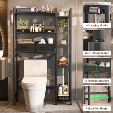 Over The Toilet Storage with 2 Drawers - 7 Tier Bathroom Organizer with Adjustable Shelf, Freestanding Space Saver Storage Rack Above Toilet Stand with 4 Hooks for Restroom, Laundry, Black - Image 4