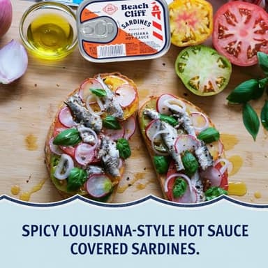 Beach Cliff Wild Caught Sardines in Louisiana Hot Sauce, 3.75 oz Can (Pack of 12) - 11gProtein per Serving - Gluten Free, Keto Friendly - Great for Pasta & Seafood Recipes - Image 4