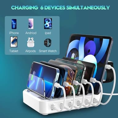 Charging Station for Multiple Devices,60W 6 Port Charger Station with 7 Mixed Charging Cables,USB Charging Dock,Compatible with Cellphone,Tablet, Kindle, iPhone iPad and More (White) - Image 4