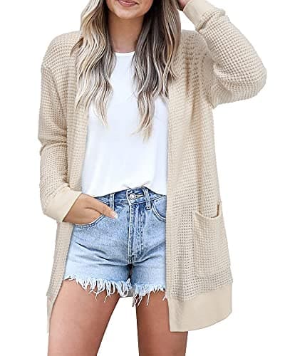 STYLEWORD Women's Fall Fashion 2025 Cardigan Sweaters Lightweight Open Front Business Waffle Knit Casual Long Beige Cream Cardigans Outfits Clothes with Pockets (Apricot-L) - Image 1