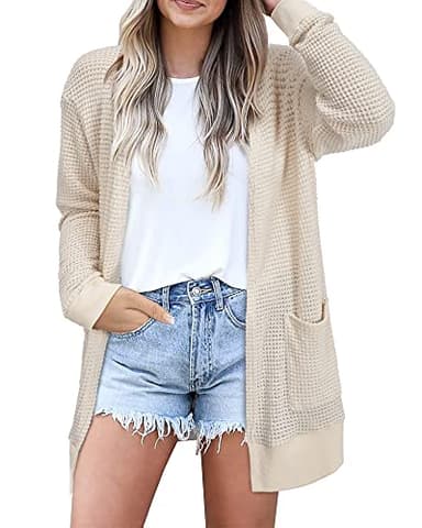 STYLEWORD Women's Fall Fashion 2025 Cardigan Sweaters Lightweight Open Front Business Waffle Knit Casual Long Beige Cream Cardigans Outfits Clothes with Pockets (Apricot-L) - Image 1