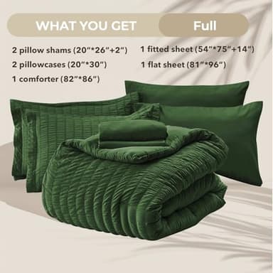 HYMOKEGE Dark Green Full Size Comforter Sets Seersucker 7 Pieces, All Season Luxury Bed in a Bag for Bedroom, Bedding Set with Comforters, Sheets, Pillowcases & Shams - Image 5