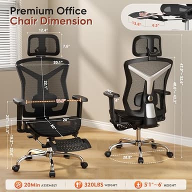 Ergonomic Office Chair with Foot Rest, Home Mesh Desk Chair with Adjustable Lumbar Support, 3D Armrest, 3D Headrest, 90°-135° Lockable Reclining Function, Comfy High Back Swivel Computer Gaming Chairs - Image 2