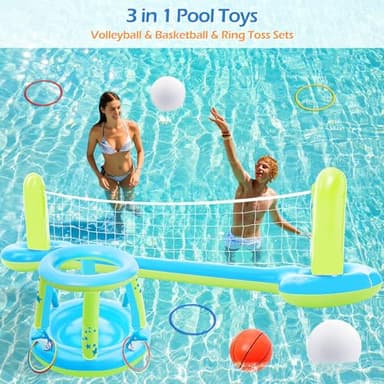 Jasonwell Pool Toys Games Set - 3 in 1 Pool Volleyball Net Basketball Hoop Ring Toss Game Inflatable Floats Water Floating Volleyball Swimming Pools Party Game Accessories Toy Gift Kids Teens Adults - Image 2