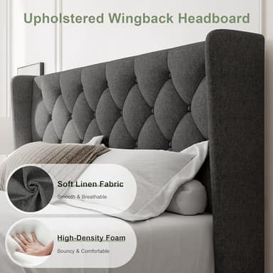 Feonase Queen Size Bed Frame with Diamond Tufted Wingback Headboard, Morden Upholstered Platform Bed, Sturdy Wooden Slats Support, Noise-Free, No Box Spring Needed, Easy Assembly, Dark Gray - Image 3