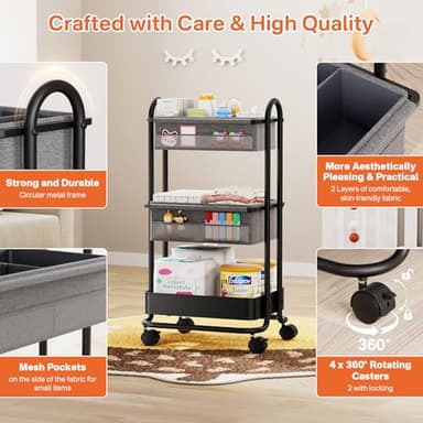 Modanais Baby Diaper Caddy Organizer Cart - 3 Tier Rolling Storage Cart with Wheels, Baby Essentials for Nursery Storage, Detachable Dividers - for Crib, Bedroom, Art & Craft Organizer (Black) - Image 3