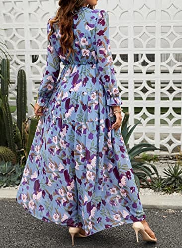 BLENCOT Women's Casual Boho Floral Printed Deep V Neck Loose Long Sleeve Long Evening Dress Ruched Cocktail Party Maxi Wedding Dress Blue Medium - Image 6