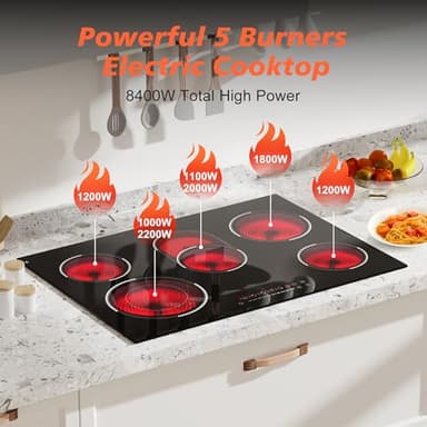 Traenvir 30 Inch Electric Cooktop, 5 Burner 8400W Built-in Electric Stovetop, Ceramic Cooktop with Expanded Zone, Slide Touch Control, Timer, Child Safety Lock, Pause, 220V - 240V Hard Wire, No Plug - Image 4