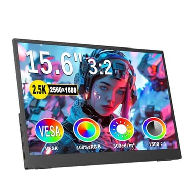 2.5K Portable Monitor 15.6inch UHD 2560 * 1680 for Laptop, 100% sRGB 500nits HDR IPS External Display w/Smart Cover & VESA Mount, USB-C HDMI Travel Second Screen for PC Mac Phone Xbox PS5 - Image 1