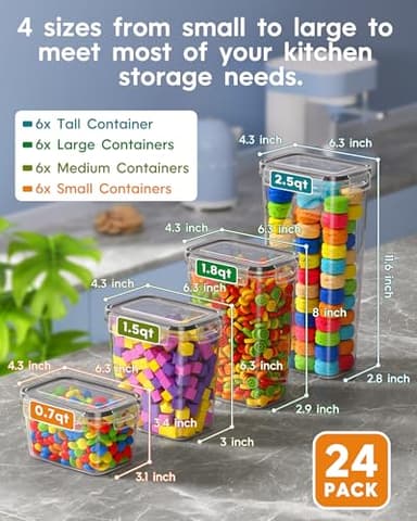 Airtight Food Storage Containers with Lids, 24 PCS Kitchen and Pantry Organization Canisters, BPA-Free, PVC-Free, Food-grade Plastic Leak-proof Jars for Cereal, Flour, Sugar, Extra 24 Labels & Marker - Image 2