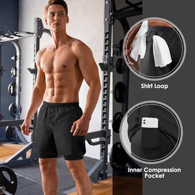 NIMOJIRO Men's 2 in 1 Running Shorts Workout Athletic Shorts Outdoor Sports with Liner Lightweight Training Yoga Gym Shorts with Phone Pockets Black M - Image 3