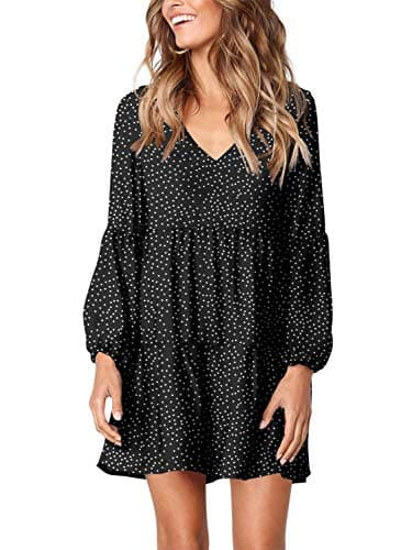 Amoretu Women's Tunic Dresses V Neck Long Sleeve Shift Swing Dress Polka Dot, Above Knee Length, Summer, Fall, 2025 (Black, XL) - Image 1