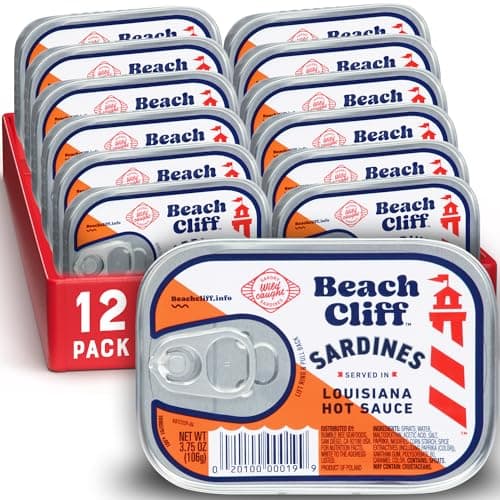 Beach Cliff Wild Caught Sardines in Louisiana Hot Sauce, 3.75 oz Can (Pack of 12) - 11gProtein per Serving - Gluten Free, Keto Friendly - Great for Pasta & Seafood Recipes - Image 1