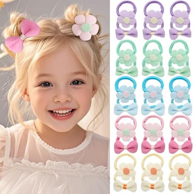30Pcs Toddler Hair Ties, Baby Hair Ties for Girls, Cute Bow Flower Ponytail Holders, Colorful Seamless Cotton Bands for Litter Girls Kids, Toddler Hair Accessories for Thick Thin Hair - Image 1