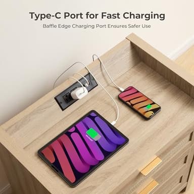 SICOTAS Rattan Nightstands Set of 2 Bedside Table - Larger Night Stand with Type-C Charging Station, 3 Drawers Storage, Boho Night Stands End Table for Bedroom Office - Light Oak - Image 5