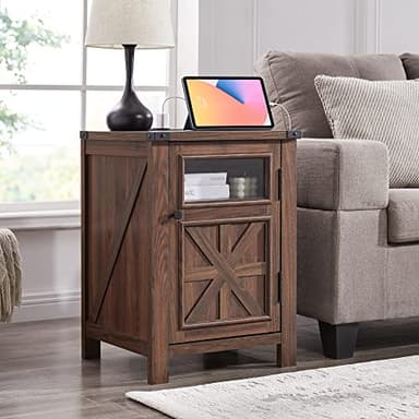 JXQTLINGMU Farmhouse End Table with Charging Station, 18'' Rustic Nightstand with Barn Door & Adjustable Shelf, Wooden Sofa Side Table with 3-Tier Storage for Living Room, Bedroom, Brown - Image 3