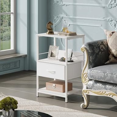 WLIVE White Night Stand with Charging Station, LED Nightstand with Adjustable Fabric Drawer, 3-Tier Storage Bedside Table, Small End Side Tables for Bedroom - Image 8