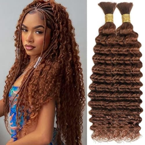 Human Braiding Hair for Boho Braids 100g 18 Inch Auburn Brown Curly Boho Hair for Braiding Knotless 12A Deep Wave Bulk Bohemian 2 Bundles/Pack Color 30 - Image 1