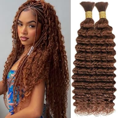 Human Braiding Hair for Boho Braids 100g 18 Inch Auburn Brown Curly Boho Hair for Braiding Knotless 12A Deep Wave Bulk Bohemian 2 Bundles/Pack Color 30 - Image 1