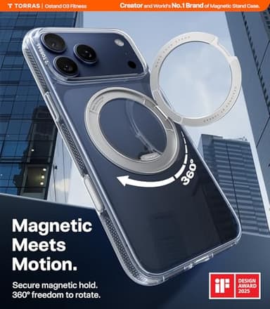 TORRAS 360 Magnetic Stand for iPhone 17 Pro Case, [Fit for MagSafe] [Rotatable Ring Kickstand] [4X Mil-Grade Shockproof] Slim Phone Cover, Camera Button, Crystal Clear, Transparent, Ostand O3 Fitness - Image 2