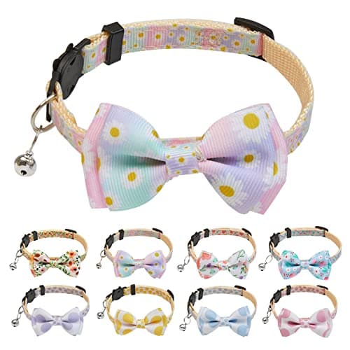 BuntyJoy Breakaway Cat Collar with Cute Bow Tie and Bell, Cat Collars for Boy Cats and Girl Cats, Safety Kitten Collars, Floral Patterns, 1 Pack Purple - Image 1