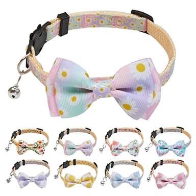 BuntyJoy Breakaway Cat Collar with Cute Bow Tie and Bell, Cat Collars for Boy Cats and Girl Cats, Safety Kitten Collars, Floral Patterns, 1 Pack Purple - Image 1