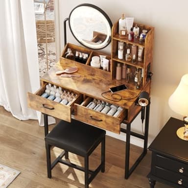 Vabches Makeup Vanity Desk with Round Mirror and Lights, Vanity Makeup Table with 2 Drawers, Small Vanity Table for Bedroom with Lots Storage (Brown with Charging, 15.75 * 31.5 * 53.6in - Image 4