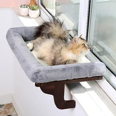 Zakkart Cat Perch for Window Sill with Bolster - Orthopedic Hammock Design with Premium Hardwood & Robust Metal Frame - Cat Window Seat for Large Cats and Kittens - Dark Stained Wood with Gray Bed - Image 1