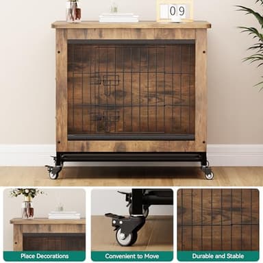 YITAHOME Dog Crate Furniture with Cushion, Dog Kennel Indoor with Wheels, 27" Dog Cage with Double Doors for Small Dog (Rustic Brown) - Image 6