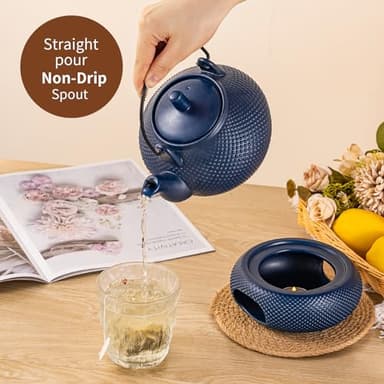 TEATALK Ceramic Teapot with Warmer: 27 oz Large Tea Pot with Infuser for Loose Tea, Blue Teapot with Strainer - Image 6