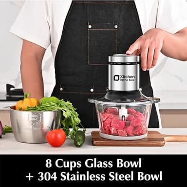 Kitchen in the box Food Processor, Electric Meat Grinder & Food Chopper with 400W Powerful Veggie Chopper-2 Bowls（8 Cup+8 Cup） & 2 Bi-Level Blades for Meat/Fish/Vegetable/Baby Food（Sliver Button） - Image 2