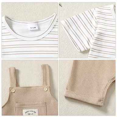 ZOEREA Toddler Baby Boys Clothes Summer Outfit Stripe T-Shirt and Shortall Romper Set Cute Jumpsuit (Khaki,6-12 Month) - Image 5
