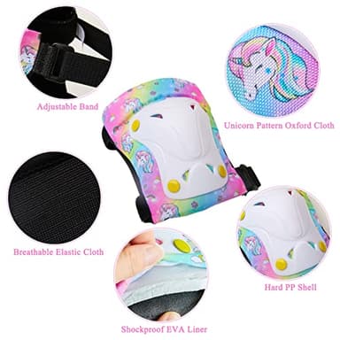 FIODAY Knee Pads for Kids Unicorn Knee Elbow Pads Wrist Guards with Drawstring Bag Adjustable Protective Gear Set for Girls Boys Inline Skating Bike Cycling Skateboard Scooter, 3-8 Years, Rainbow - Image 3